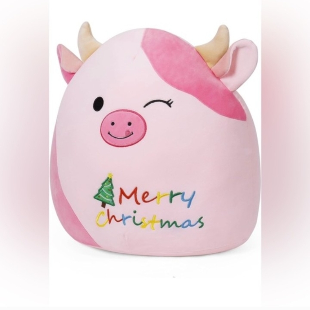 NEW 16” Merry Christmas Pink Soft Squishy Stuffed Cow Plush Pillow Toy - Picture 2 of 5